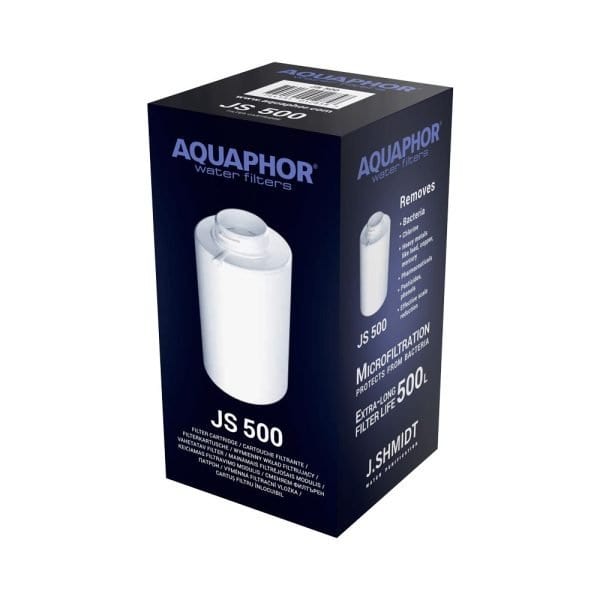 High-quality Aquaphor water filter cartridge JS 500, designed for effective microfiltration and removal of bacteria, chlorine, heavy metals, and pharmaceuticals from drinking water.