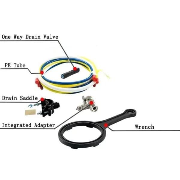 Flexible drain valve with PE tubing, integrated adapter, drain saddle, and wrench for easy installation and removal; ideal for efficient filtration systems.