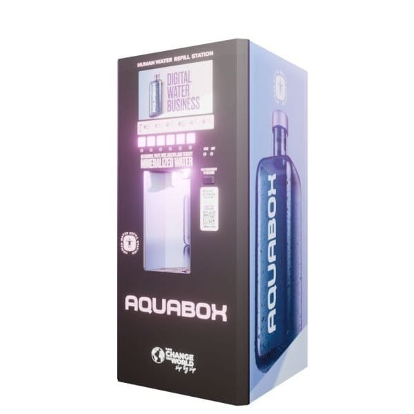 Refrigerated water refill station for purified mineral water from Aquabox, ideal for public spaces and businesses seeking sustainable hydration solutions.
