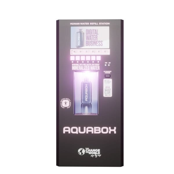 Recyclable water refill station for Aquabox, eco-friendly bottled water dispenser, mineral and 7.0 pH water, digital water business, human water refill, sustainable hydration solution, filterplace.lt.