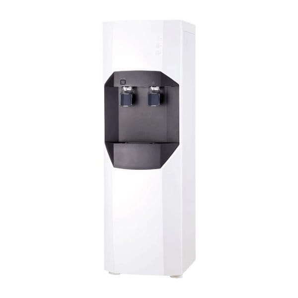 Stainless steel water dispenser with dual spouts and modern design for office or home use. Features user-friendly controls, durable construction, and clean aesthetic. Perfect for hot and cold water dispensing.