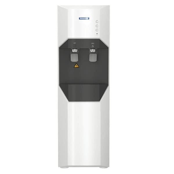 Filtered water dispenser, modern free-standing water cooler with hot and cold water taps, ideal for offices and public spaces.