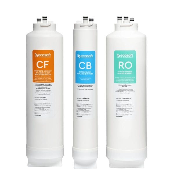 High-quality water filter cartridges for reverse osmosis systems by EcoSoft, including CF, CB, and RO filters designed to improve water purity, taste, and safety.