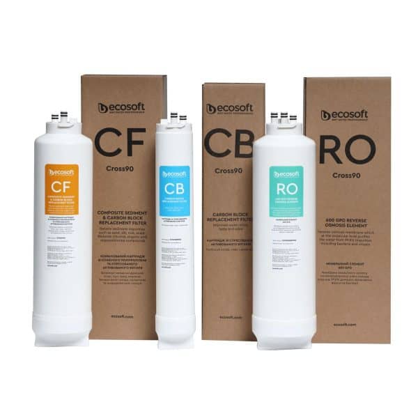 Replaceable filter cartridges for water purification systems, including CF, CB, and RO filters from Ecosoft for optimal water quality.