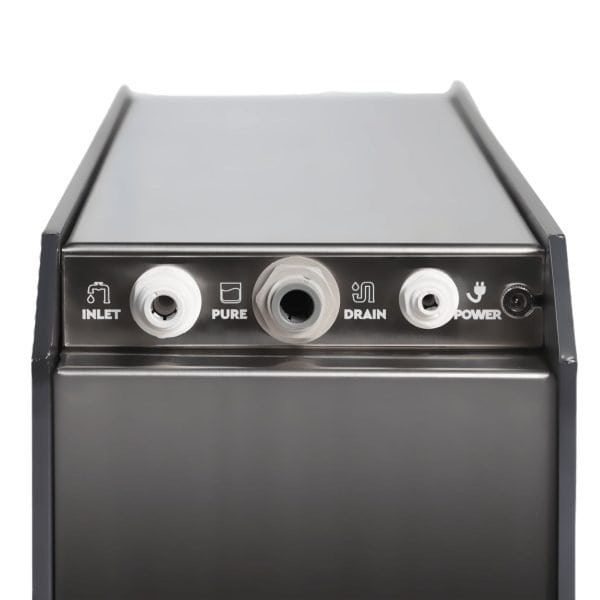 High-quality stainless steel water filter machine with multiple connectors for inlet, pure water, drain, and power, ideal for commercial and industrial water purification systems.