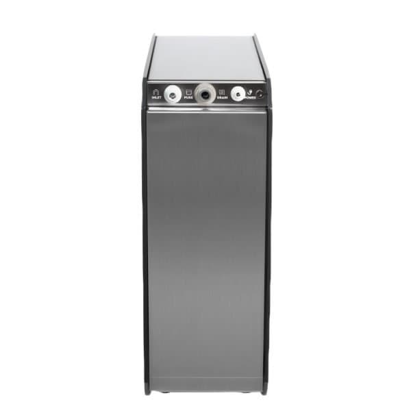 Stainless steel water filtration or softening unit with control panel and inlet, pure water, drain, and power connections for professional or home water treatment systems.
