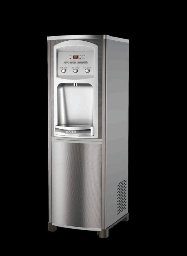 Automatic water dispenser for office and home use, featuring hot, cold, and cool water options, with modern stainless steel design and digital temperature control.