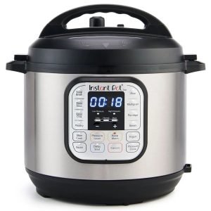 Instant Pot electric pressure cooker with digital display and multiple cooking functions, ideal for quick meal preparation and versatile culinary needs.
