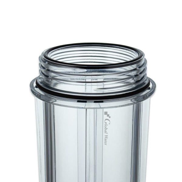 High-quality transparent water filter housing with black O-ring seal, durable plastic construction for residential and commercial water filtration systems.