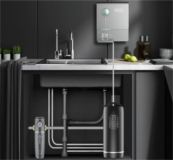 Filtered water dispenser with advanced filtration system for clean and pure water in modern black kitchen setting.