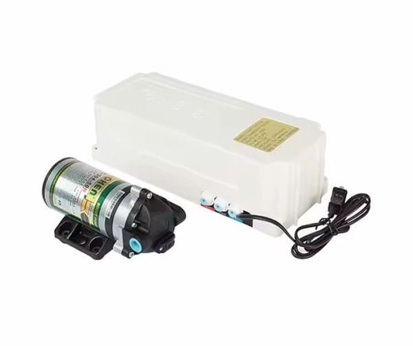 High-capacity water filter system with a motor, filtration cartridge, and power cord for clean, pure water in residential and commercial applications.