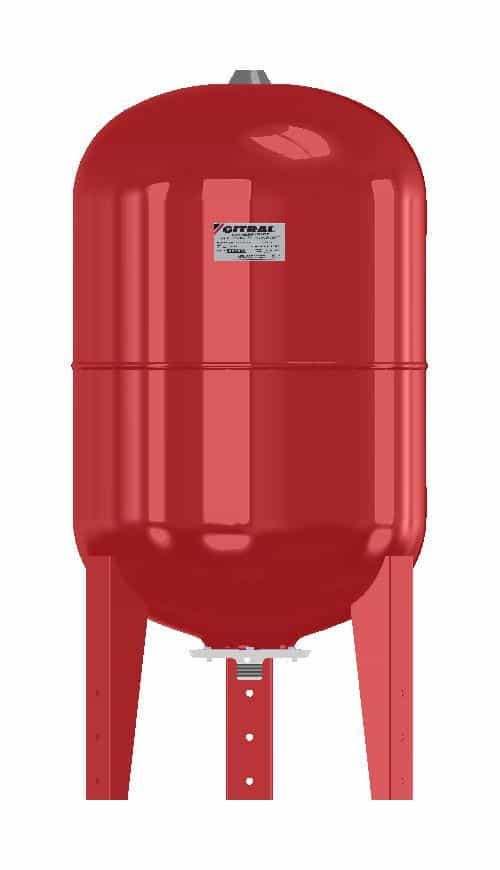 Red expansion tank for heating and cooling systems, high-quality pressure vessel for HVAC applications.