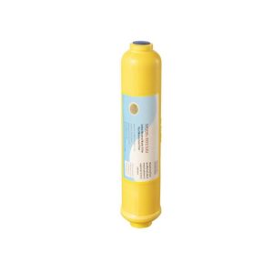 RO membrane filter cartridge for water purification, model R0/130J, yellow housing with blue label, high-quality reverse osmosis filter for clean drinking water.