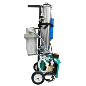 High-capacity portable water filtration system with multiple filters, pumps, and hoses for industrial or commercial use, ensuring clean, safe drinking water.