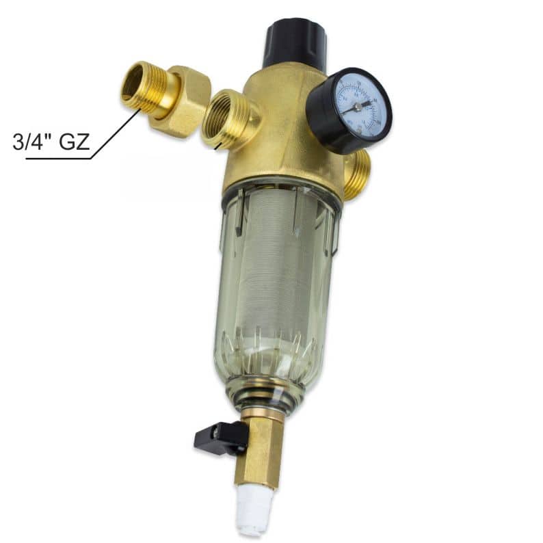 Bronze water filter with pressure gauge, 3/4" GZ fittings, and transparent housing for easy monitoring, ideal for residential and commercial water filtration systems.