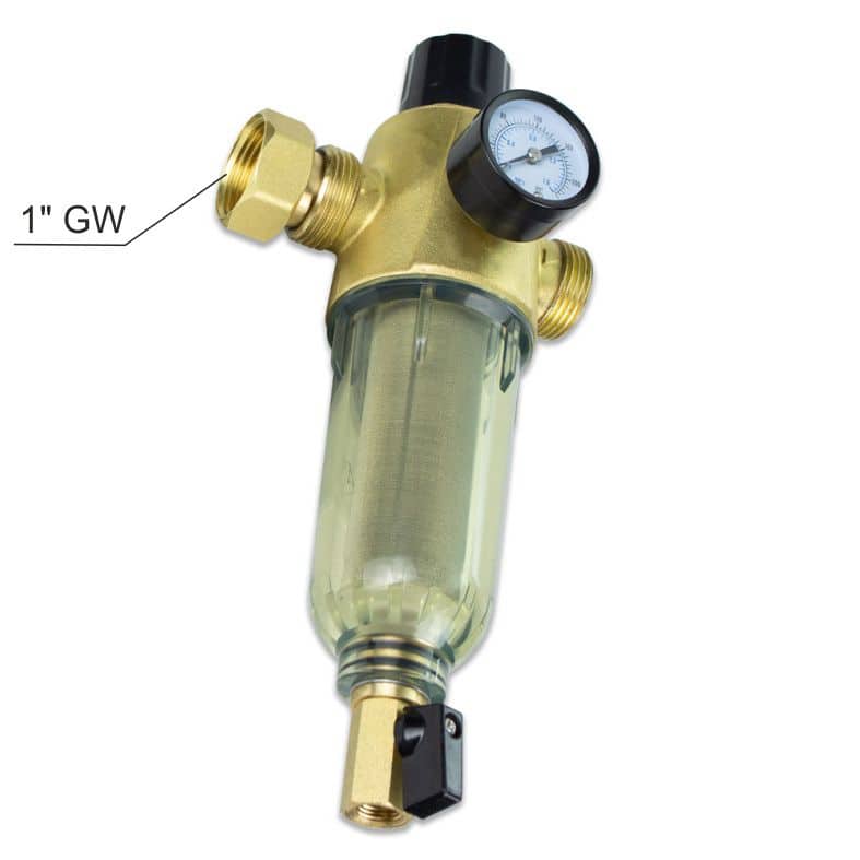 Brass water filter housing with pressure gauge and transparent filter element for residential and commercial water filtration systems.