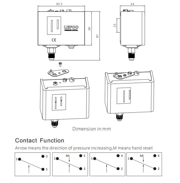 High-precision pressure control valve schematic with dimensions and contact function diagrams for industrial automation systems.
