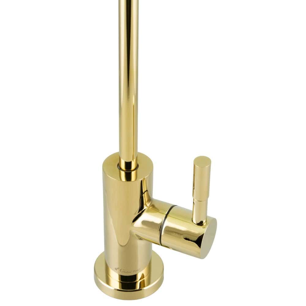 Sleek gold modern kitchen faucet with tall spout and single lever handle, stylish and functional design for luxury kitchen decor.