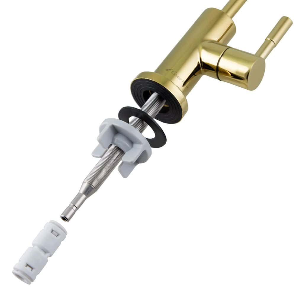 High-quality gold-colored water filter tap for modern kitchen appliances. Durable brass construction with easy installation and sleek design for optimal water filtration.