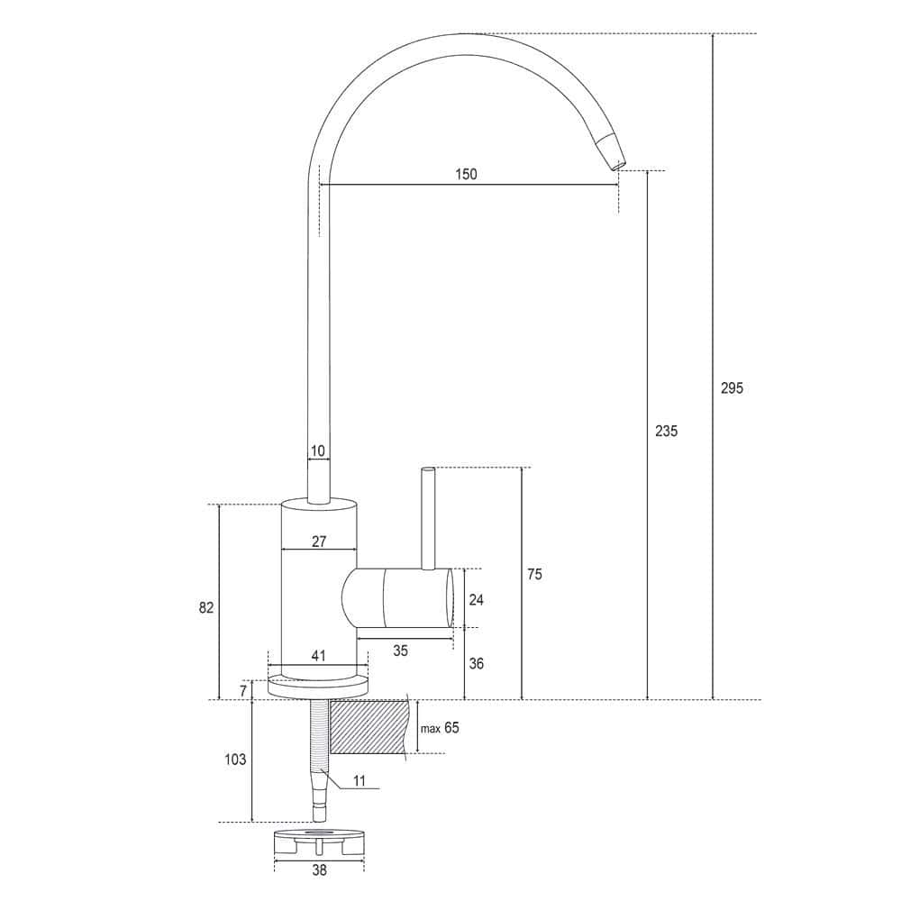 Brass kitchen faucet with high arc spout and modern design, technical drawing with dimensions. Ideal for contemporary kitchens, durable and easy to install. Perfect for stylish kitchen upgrades.