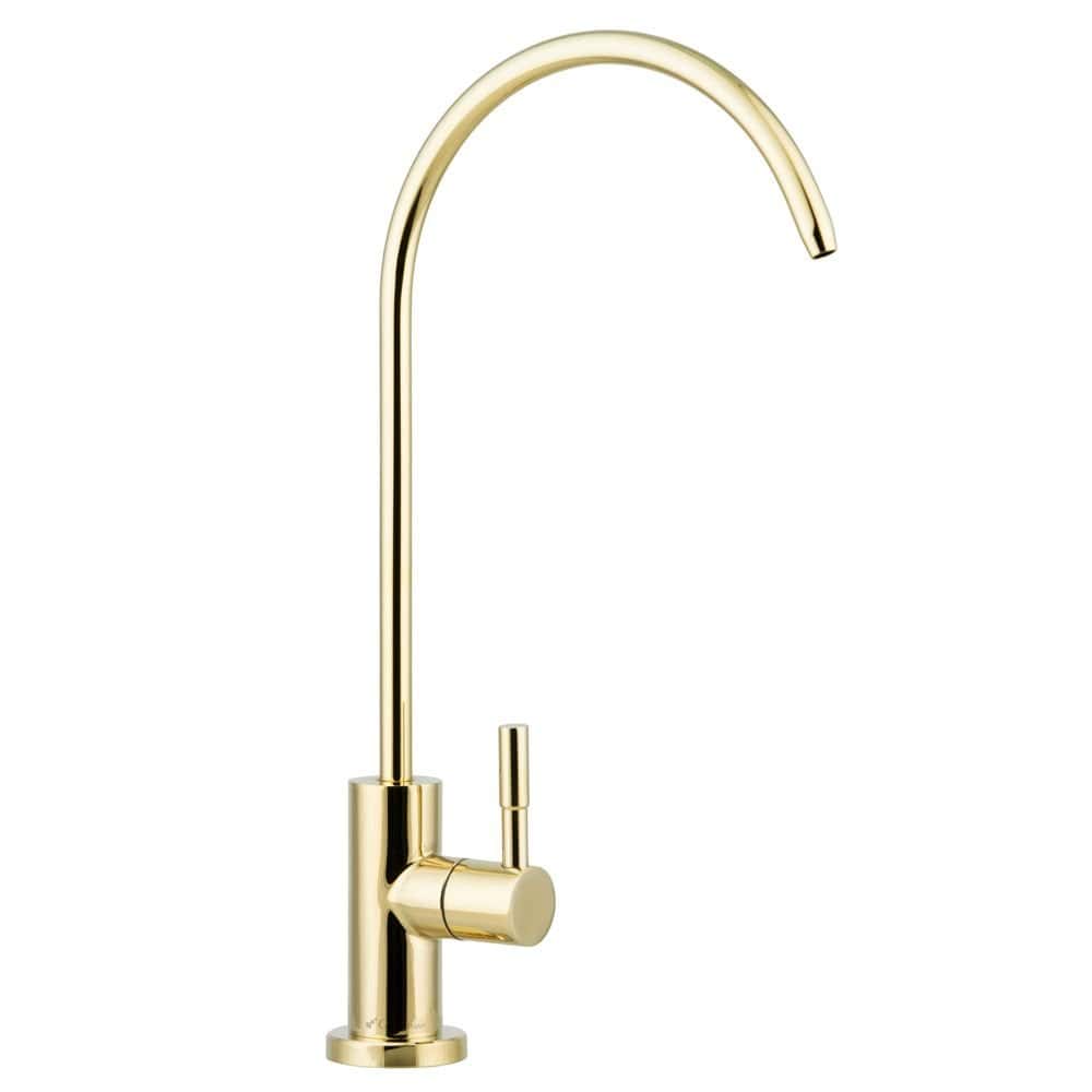Sleek gold kitchen faucet with high-arc spout and single handle, modern design perfect for contemporary kitchens.