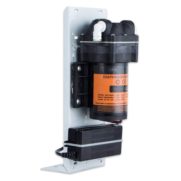 Diaphragm water pump for residential and commercial use, mounted on a white metal panel, with black motor and orange label, designed for optimized water filtration systems and pump efficiency.