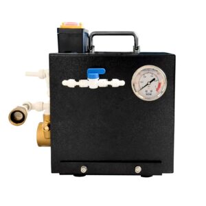 Industrial water filtration pump with pressure gauge, valves, and durable black casing for efficient water treatment systems. Compact design ideal for commercial and industrial usage.