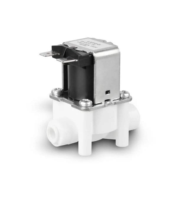 Solenoid valve for water filtration systems, durable plastic and metal construction, essential for controlling water flow in advanced filter setups.