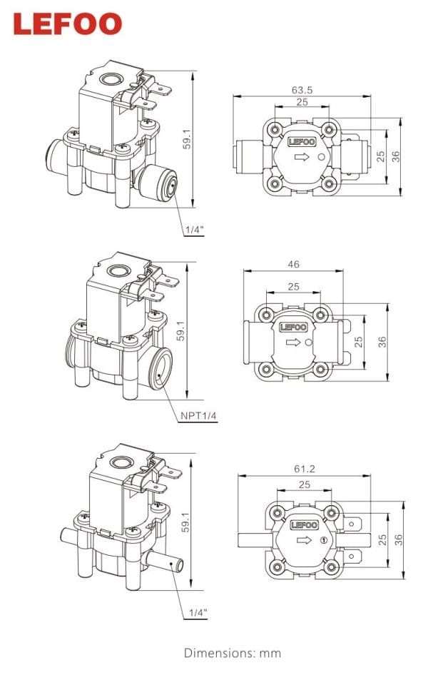 High-quality Lefoo water filter pump technical drawing with precise dimensions and specifications, ideal for plumbing and filtration system design.