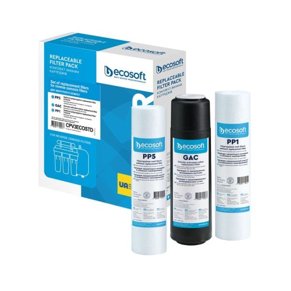 Replaceable water filter cartridge pack for reverse osmosis systems, EcoSoft brand.