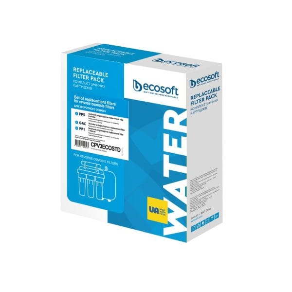 Replacement water filter pack for reverse osmosis systems, EcoSoft branded, in blue and white packaging.