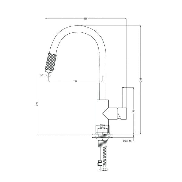 Flexible kitchen faucet technical drawing with detailed dimensions for installation and design.
