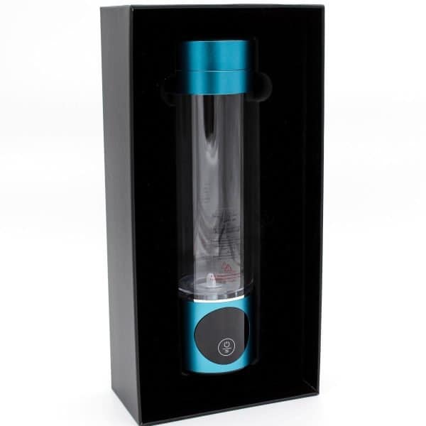 Stainless steel water purification bottle with electric filter system in sleek black gift box for portable hydration and clean drinking water solutions.
