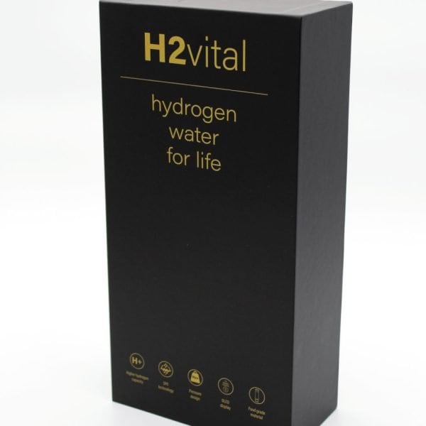 Hydrogen water bottle packaging with black box design, highlighting H2Vital brand and benefits of hydrogen water for health and wellness. Perfect for promoting hydrogen water products.