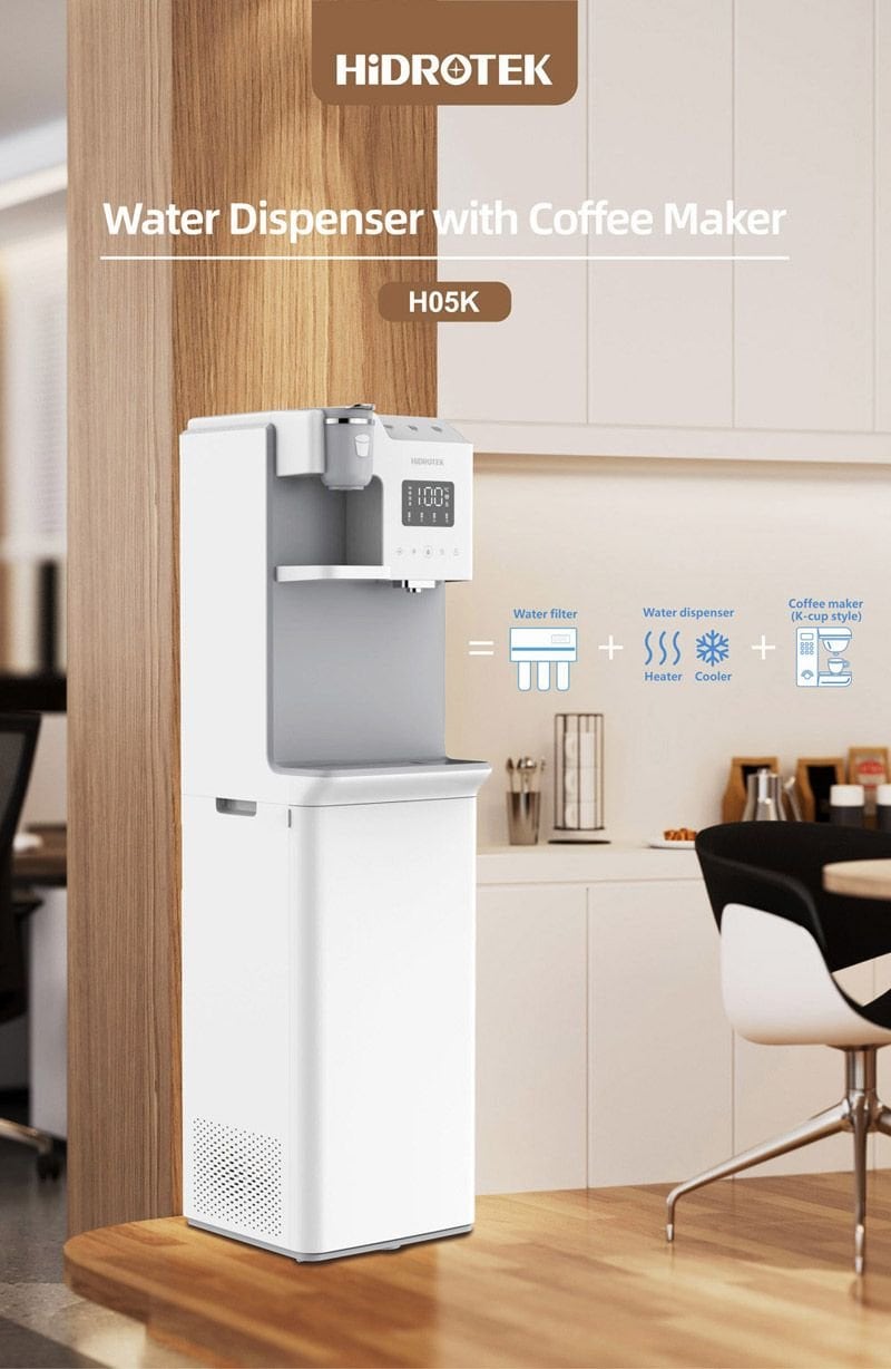 Water dispenser with coffee maker, modern kitchen appliance featuring water filter, heater, cooler, and K-cup style coffee maker.