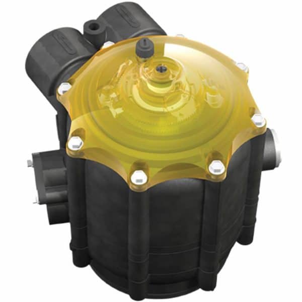 High-pressure water filter housing with yellow transparent cover, used for industrial water filtration systems. Durable plastic construction for effective filtration and easy maintenance.